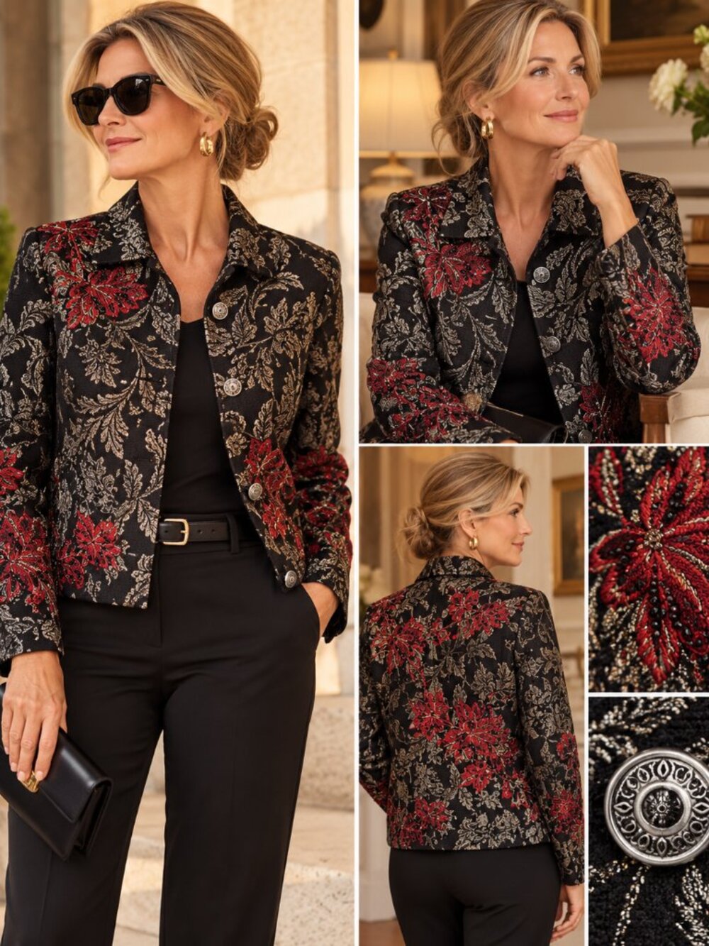 Chico’s Size 1 / US 8 Medium Metallic Floral Brocade Jacket Red Black Silver